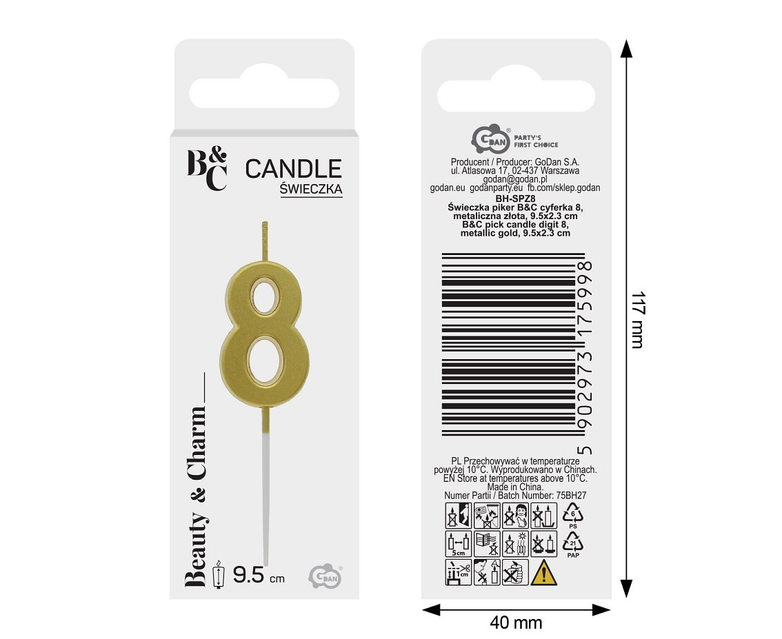 B&C pick candle digit 8, metallic gold, total lenght 9,5 cm